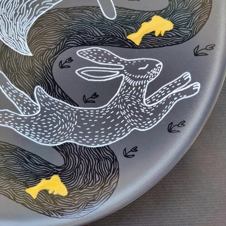 Decorative ceramic plate "Fox and Hare" from the series "The Chase".
